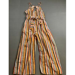 Womens Hummingbird Striped Linen Blend Jumpsuit Wide Leg Spaghetti Strap‎ S